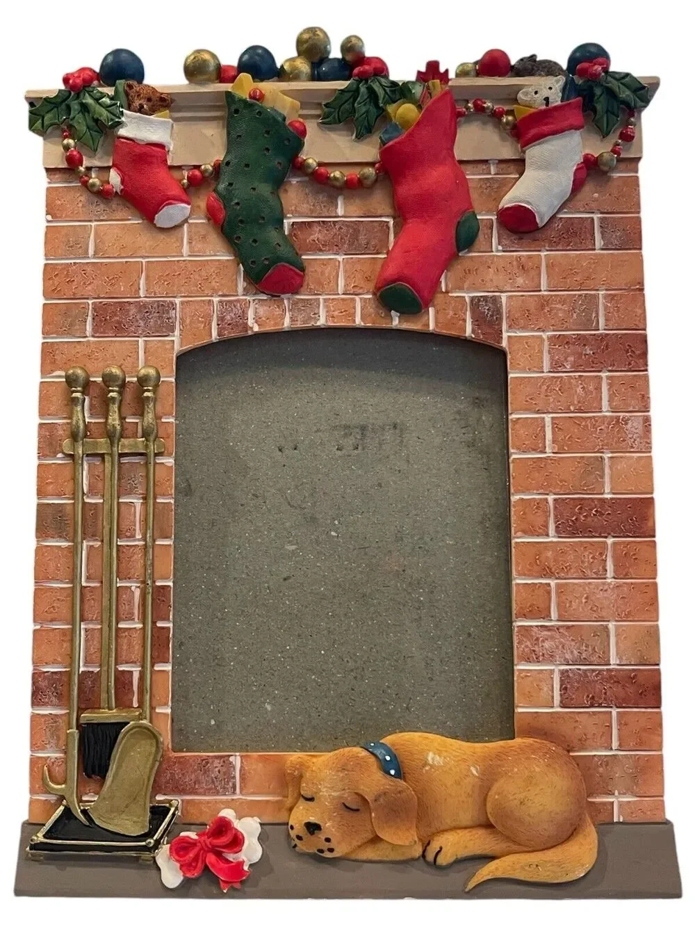 Sleeping Dog In Front Of Fireplace Holiday Christmas Photo Frame